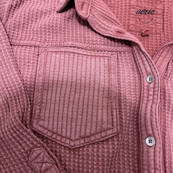 Aerie Womens Size Small Anytime Wave Waffle Shirt Button Up Pink - Picture 6 of 11